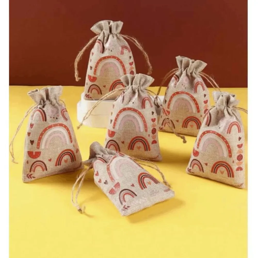 6pcs Bohemian Style Gift Bag, Rainbow Linen Treat Bag, Valentines Treat Bags